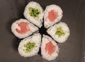 The kids favourite go-to meal in Japan. Raw Salmon and Cucumber Sushi rolls