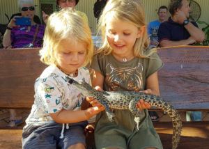 Holding a baby saltwater crocodile